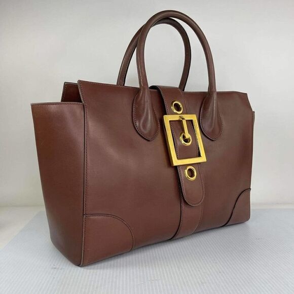 GUCCI Brown Tote Calfskin Medium Buckle Top Handle Handbag Bag Purse Designer - Picture 1 of 12